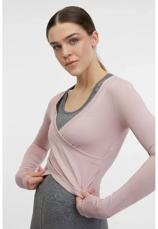 Bluza crop cu croiala petrecuta pentru fitness - Roz pastel