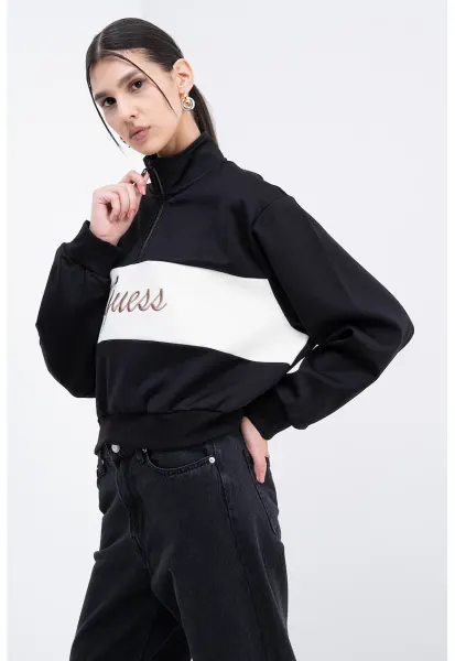 Bluza crop de trening cu croiala supradimensionata si fermoar scurt - Alb fildes/Negru