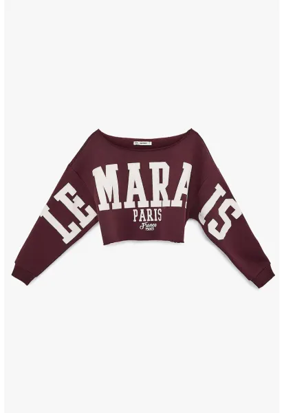 Bluza crop de trening cu imprimeu text - Rosu inchis