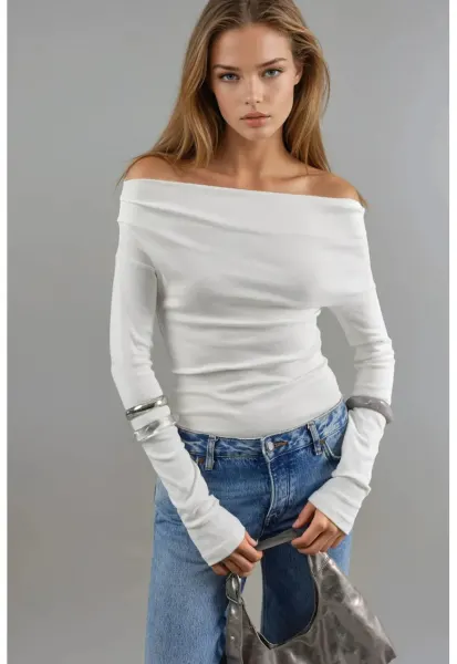 Bluza dama -  cu decolteu barca - alb - jerseu