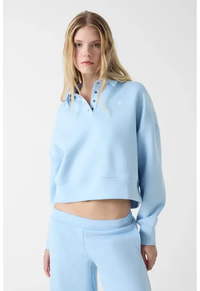 Bluza de trening crop cu guler polo - Albastru glaciar
