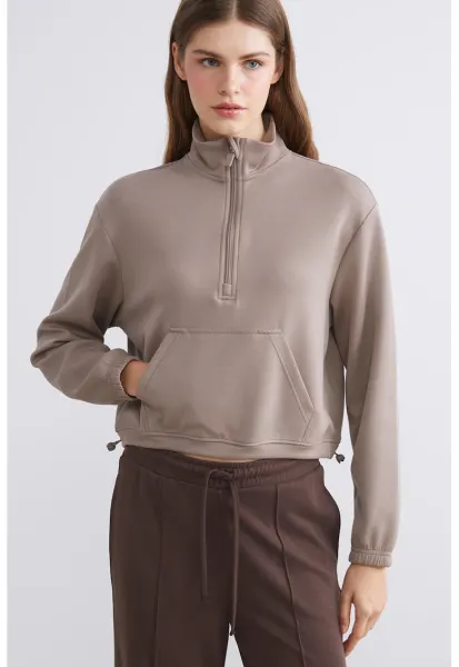Bluza de trening crop din amestec de modal cu terminatie ajustabila - Maro taupe deschis
