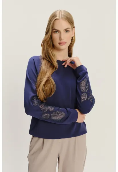 Bluza de trening cu aplicatii florale - Albastru royal