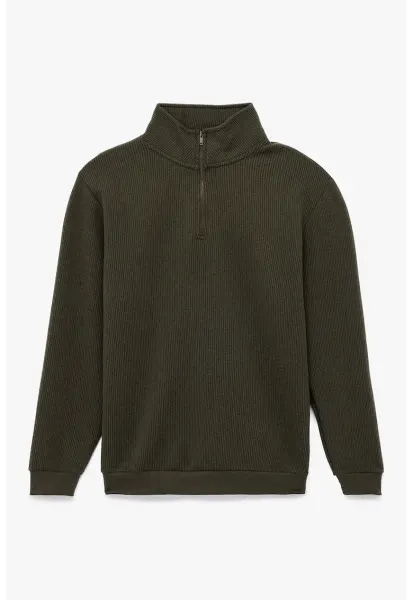 Bluza de trening cu aspect texturat si guler mediu - Verde padure