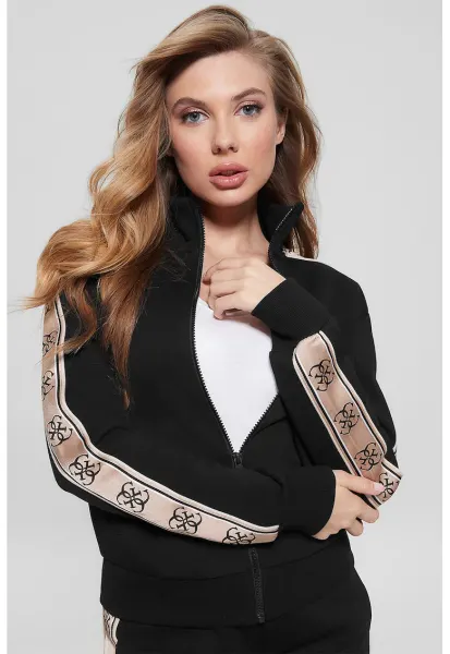 Bluza de trening cu benzi logo si fermoar - Negru