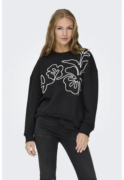 Bluza de trening cu broderie florala - Alb/Negru