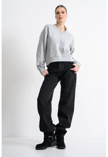 Bluza de trening cu decolteu in V - Gri melange