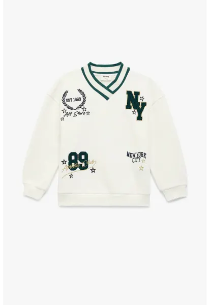 Bluza de trening cu decolteu in V si broderii - Alb murdar/Bleumarin