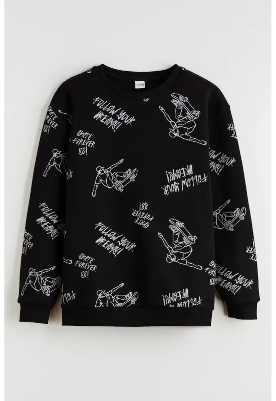 Bluza de trening cu decolteu la baza gatului si model grafic - Alb/Negru