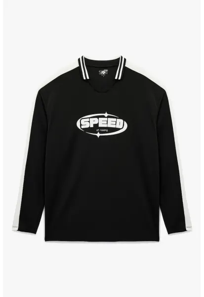 Bluza de trening cu design text si decolteu polo - Alb/Negru