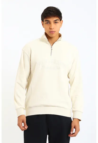Bluza de trening cu fenta cu fermoar - Crem