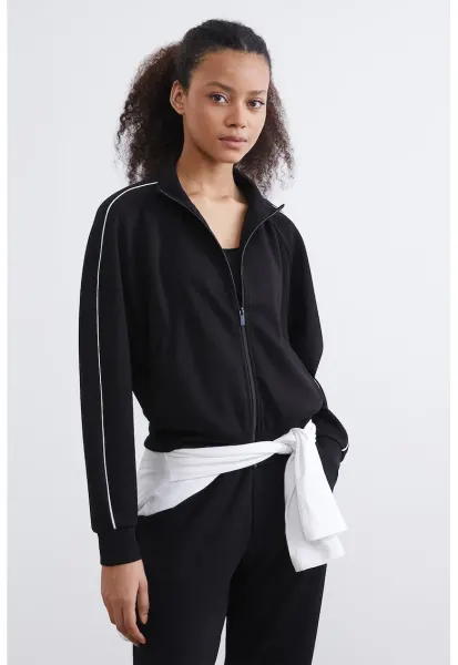 Bluza de trening cu fermoar si buzunare oblice - Negru