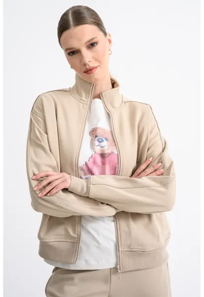 Bluza de trening cu fermoar si imprimeu logo discret - Maro taupe deschis