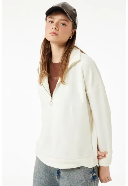 Bluza de trening cu fermoar si maneci cazute - Alb fildes