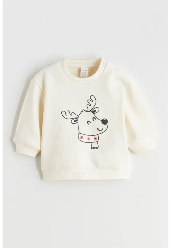 Bluza de trening cu imprimeu si capse pe umar - Crem
