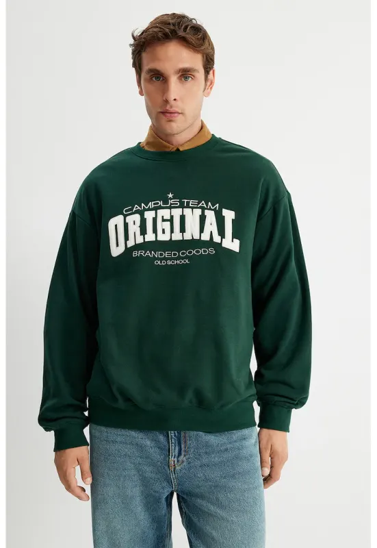Bluza de trening cu imprimeu text - Alb/Verde padure