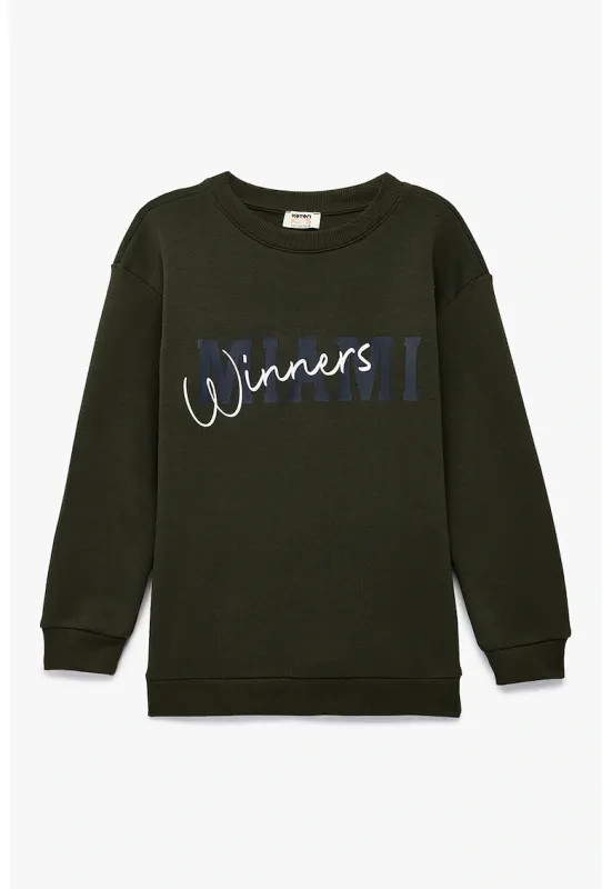 Bluza de trening cu maneci cazute si imprimeu text - Verde padure