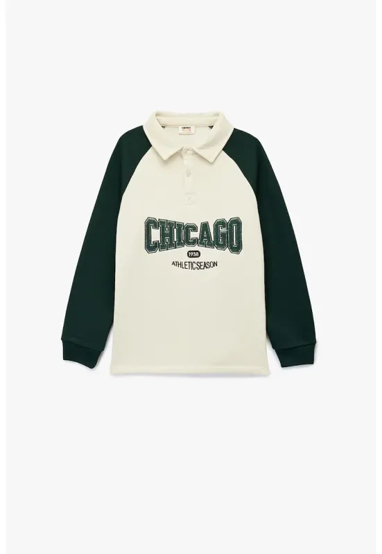 Bluza de trening cu nasturi si text brodat - Verde/Alb fildes