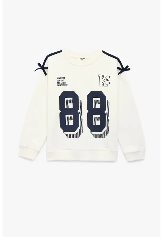 Bluza de trening din amestec de bumbac cu imprimeu text - Crem/Bleumarin