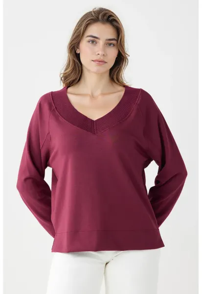 Bluza de trening din amestec de modal cu croiala lejera si decolteu in V - Visiniu