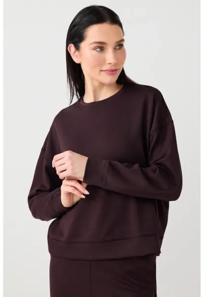 Bluza de trening din amestec de modal cu decolteu la baza gatului si maneci cazute - Maro inchis