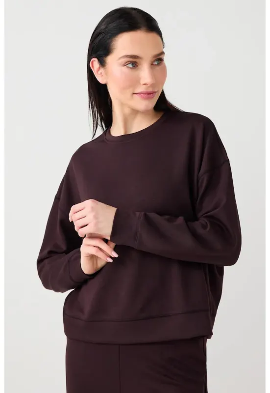 Bluza de trening din amestec de modal cu decolteu la baza gatului si maneci cazute - Maro inchis