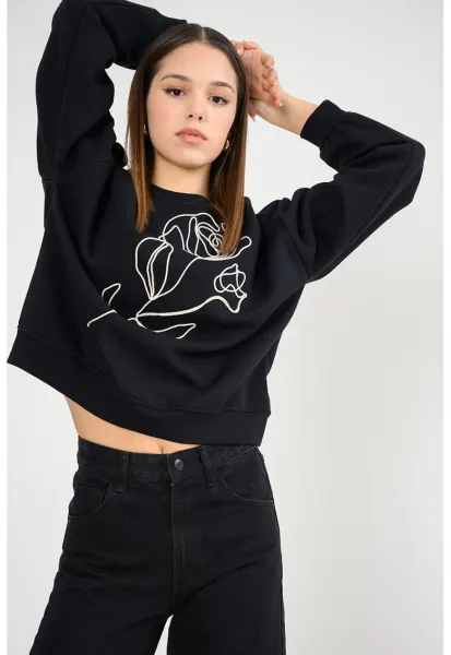 Bluza de trening lejera cu broderie - Negru/Bej