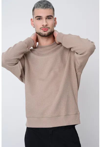 Bluza de trening texturata cu decolteu la baza gatului - Bej