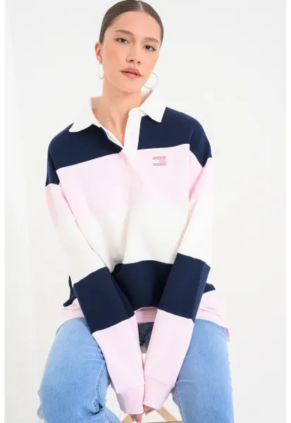 Bluza polo de trening din bumbac - Roz deschis/Bleumarin