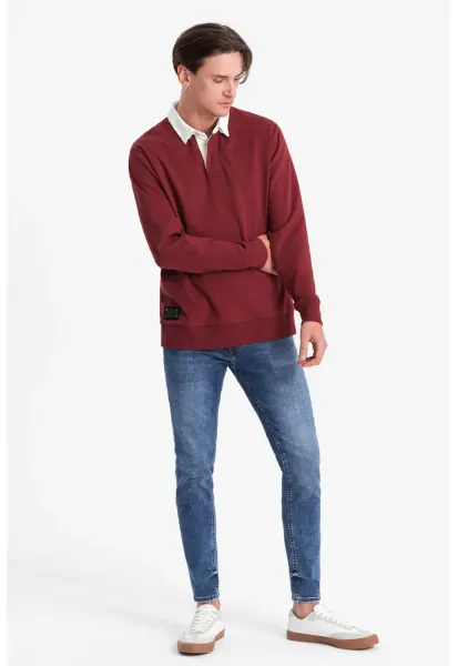 Bluza polo lejera de trening cu fenta cu nasturi - Visiniu