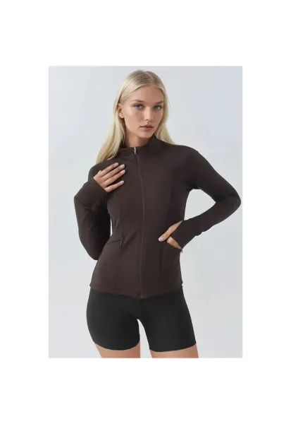 Bluza sport dama -  tricot - mulat - guler inalt - maro mocha inchis
