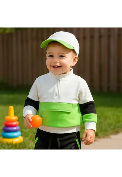 Bluza sport  - Natural Power - Alb cu dungi verzi - pentru baietei - Alb