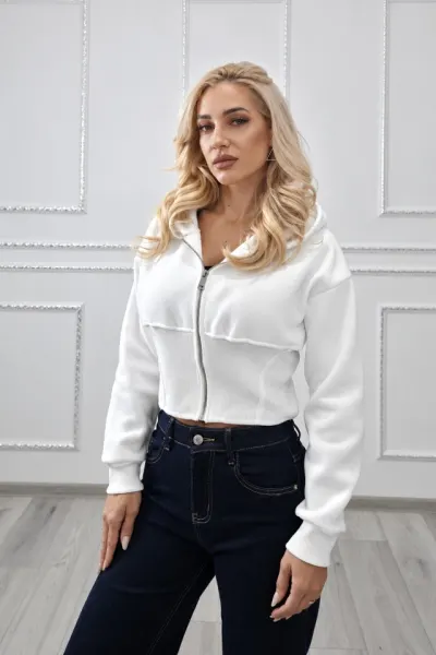 Bluza sport vatuita NOREVIA scurt, cu gluga, fermoar si talie cambrata, Alb