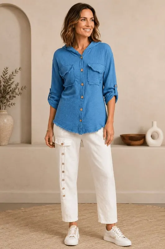 Compleu Damă Albastru-Alb din Bumbac Bluză cu Glugă și Pantaloni