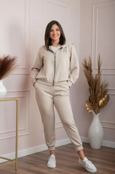 Compleu dama casual-sport crem cu gluga Josie