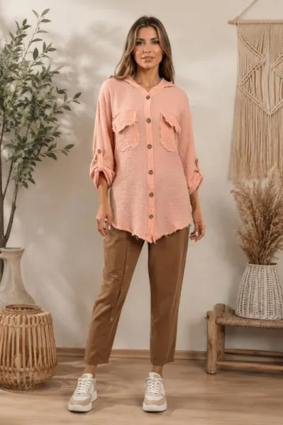 Compleu Damă Roz Pudrat-Maro din Bumbac Bluză cu Glugă și Pantaloni