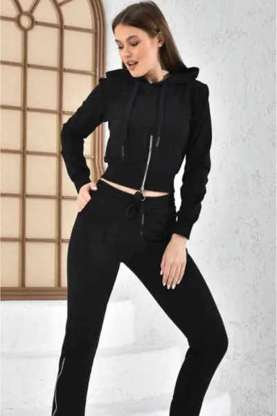 Compleu sport dama, Shary, pantaloni cu fermoar in partea inferioara si bluza cu gluga, Negru