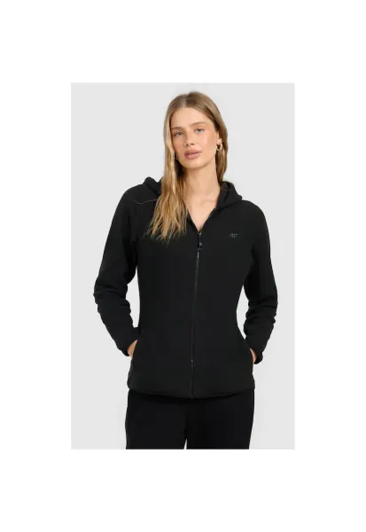 Hanorac sport dama -  polar slim cu gluga - negru - material subtire - 2 buzunare cu fermoar