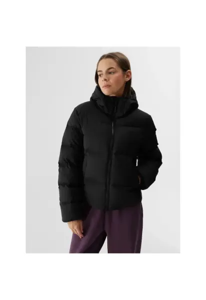 Jacheta de schi din puf neagra - poliester - cu gluga detasabila - pentru femei