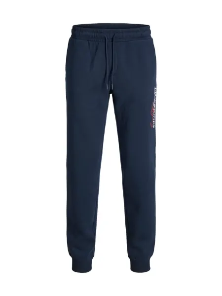 Jack & Jones Pantaloni de trening barbati, cu talie medie, Regular Fit, imprimeu cu logo, JPSTGORDON, Bleumarin inchis (SELECTATI MARIMEA: L)