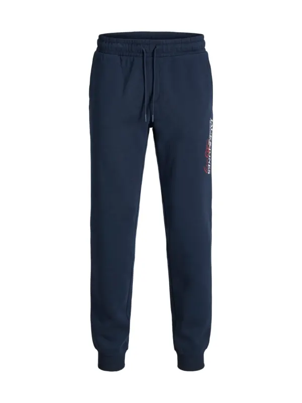 Jack & Jones Pantaloni de trening barbati, cu talie medie, Regular Fit, imprimeu cu logo, JPSTGORDON, Bleumarin inchis (SELECTATI MARIMEA: XL)