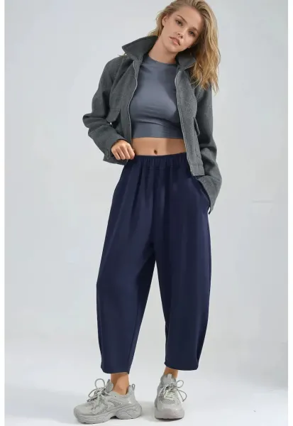 Pantaloni dama -  Bersan Collection - talie inalta - stil jogger - bleumarin - bumbac elastic - One Size