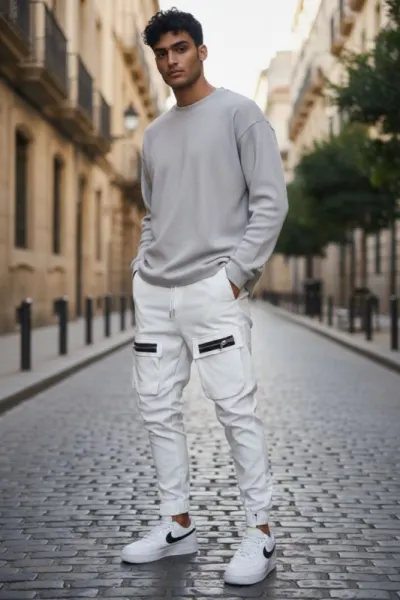 Pantaloni de trening cargo, alb, conici Y103 O2-5.3