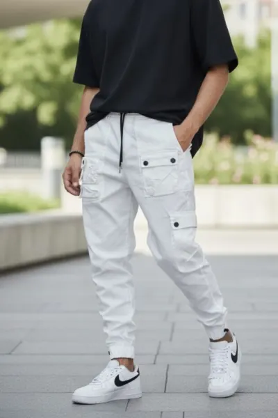 Pantaloni de trening cargo albi conici Y310 119-4