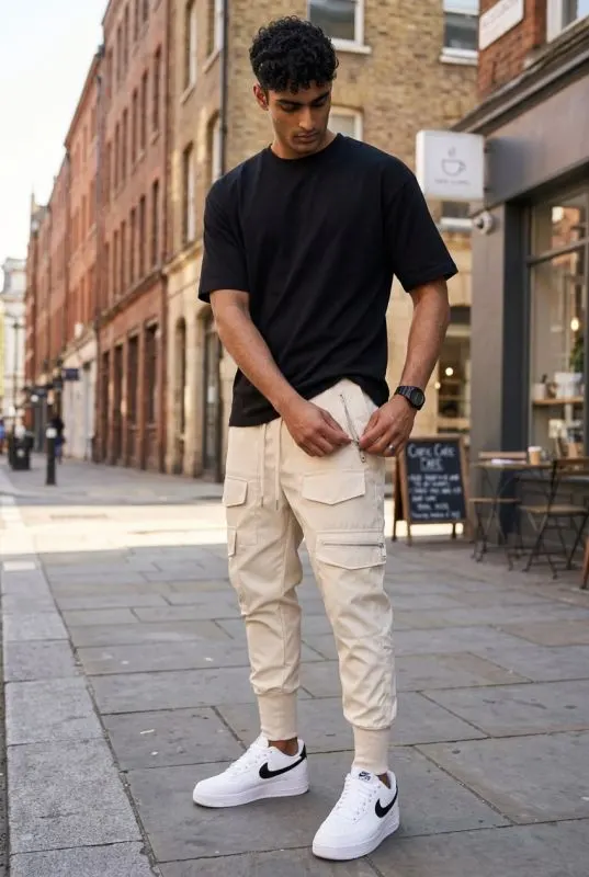 Pantaloni de trening cargo bej conici y081 10-5