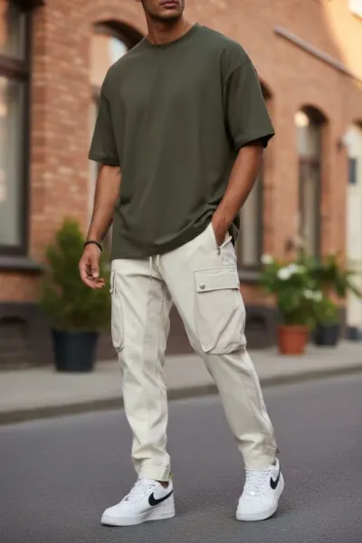 Pantaloni de trening cargo, bej, conici Y196 O5-4.2