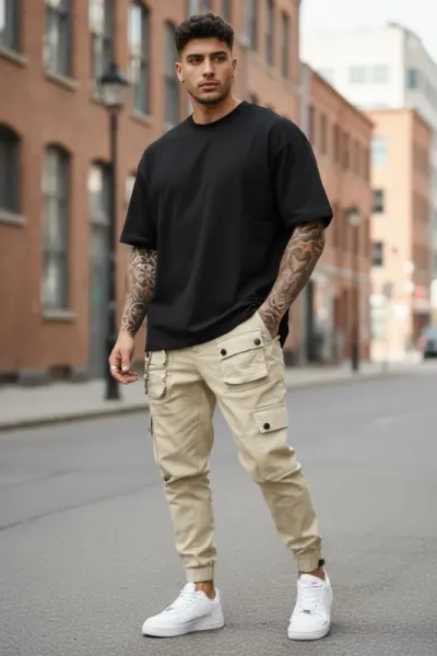 Pantaloni de trening cargo  bej  conici Y310 120-4