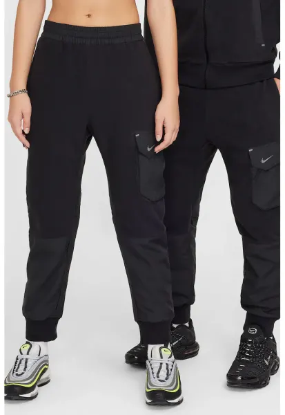 Pantaloni de trening cargo cu segmente din fleece - Negru