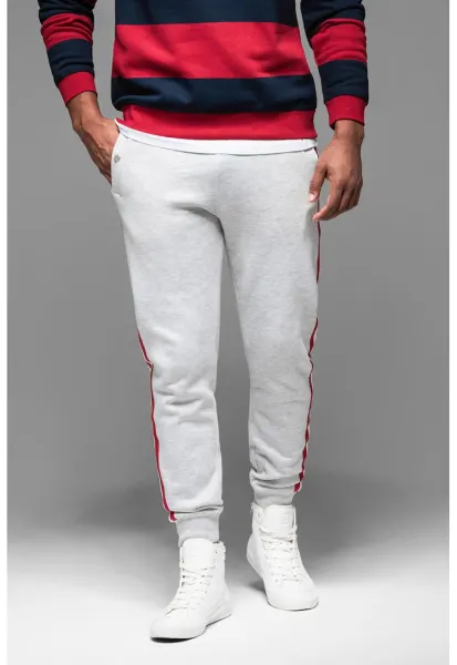 Pantaloni de trening cu croiala conica si segmente laterale contrastante - Rosu/Gri deschis melange