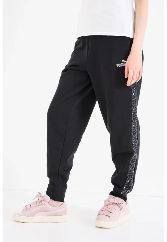 Pantaloni de trening cu imprimeu grafic si benzi laterale contrastante Ess - Negru stins